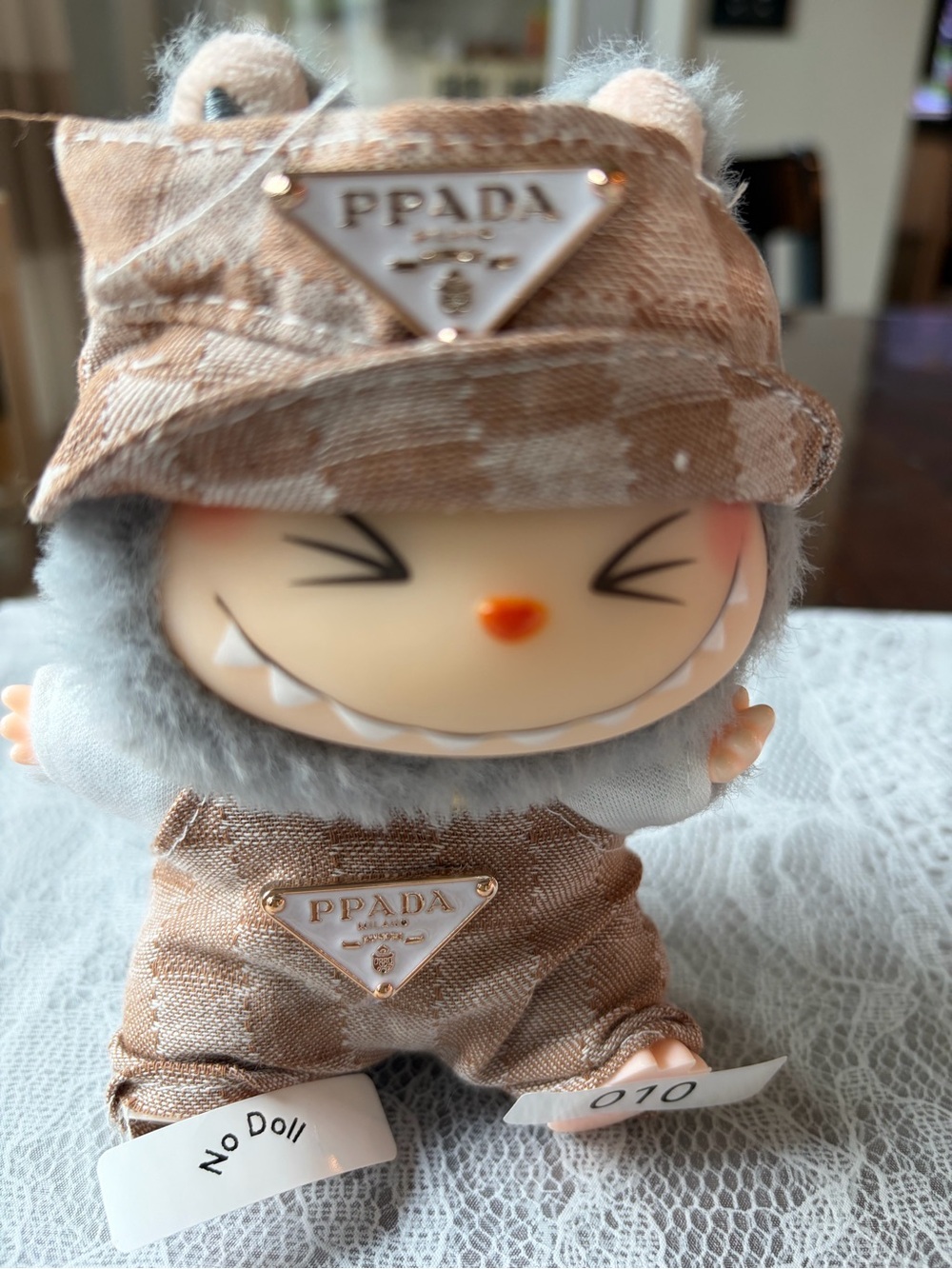 010, 3 Piece Prada Logo Beige Overalls/White shirt and hat 4 Labubu doll(No Doll
